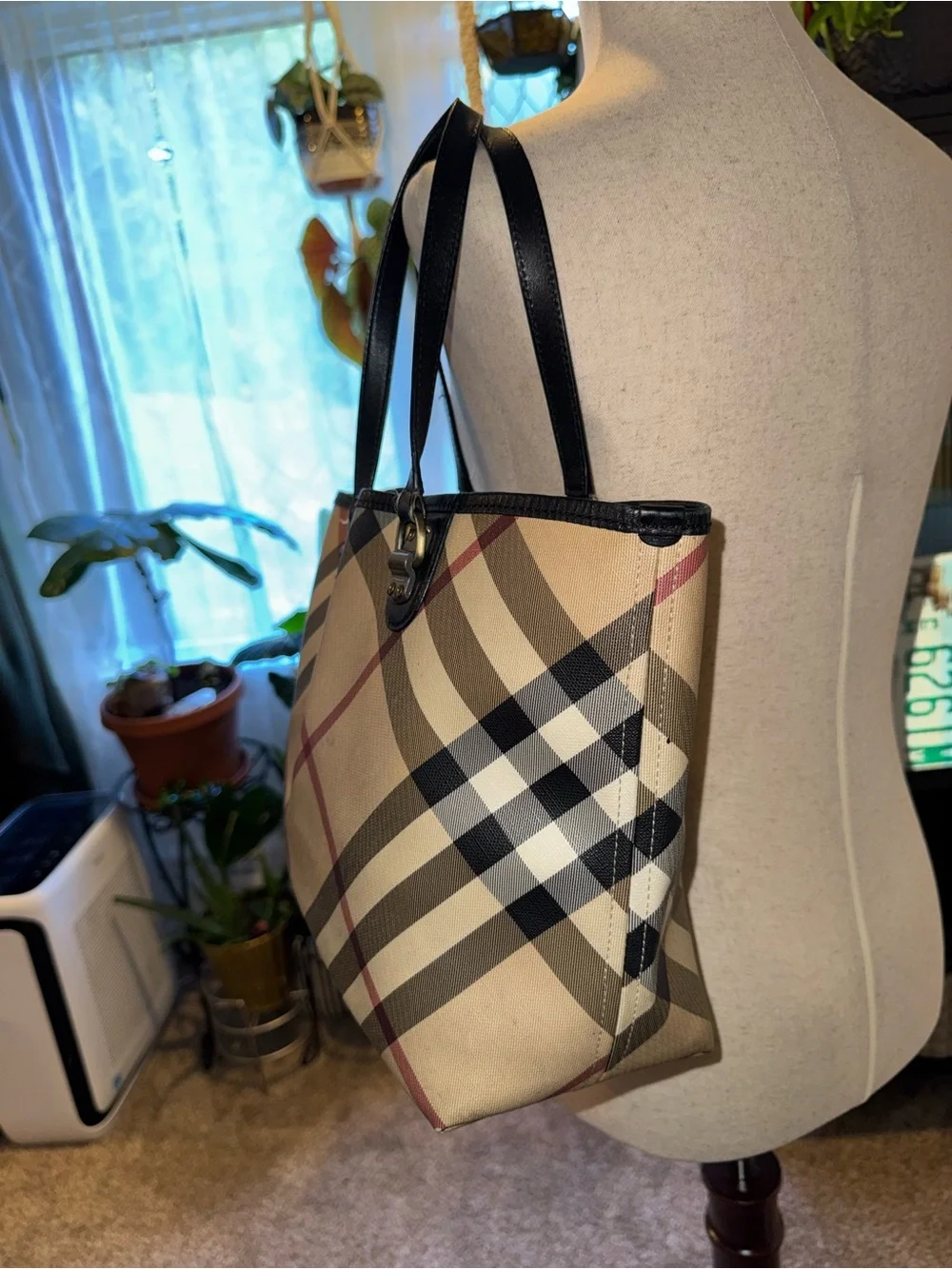 Burberry Beige Plaid Tote with Black Handles